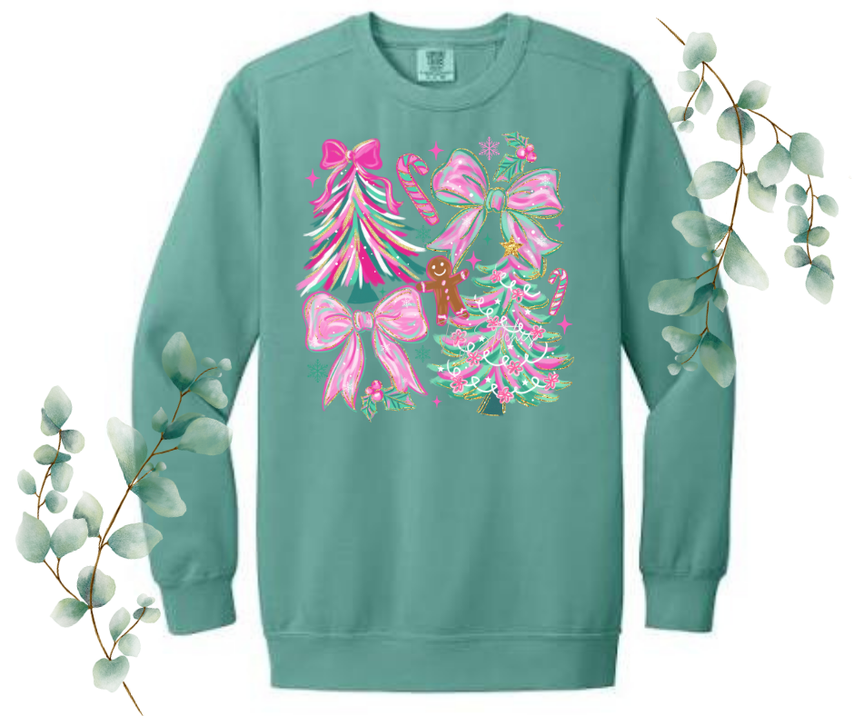 Pink & Green Holiday Brush Stroke Comfort Colors Crew