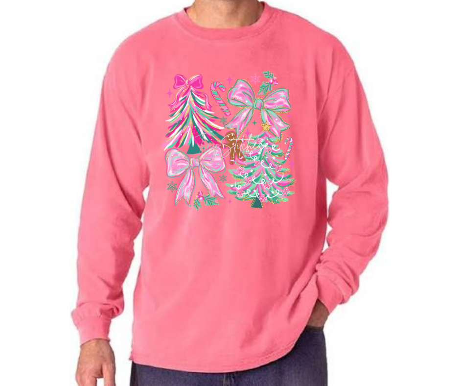 Pink & Green Holiday Brush Stroke Comfort Colors Crew
