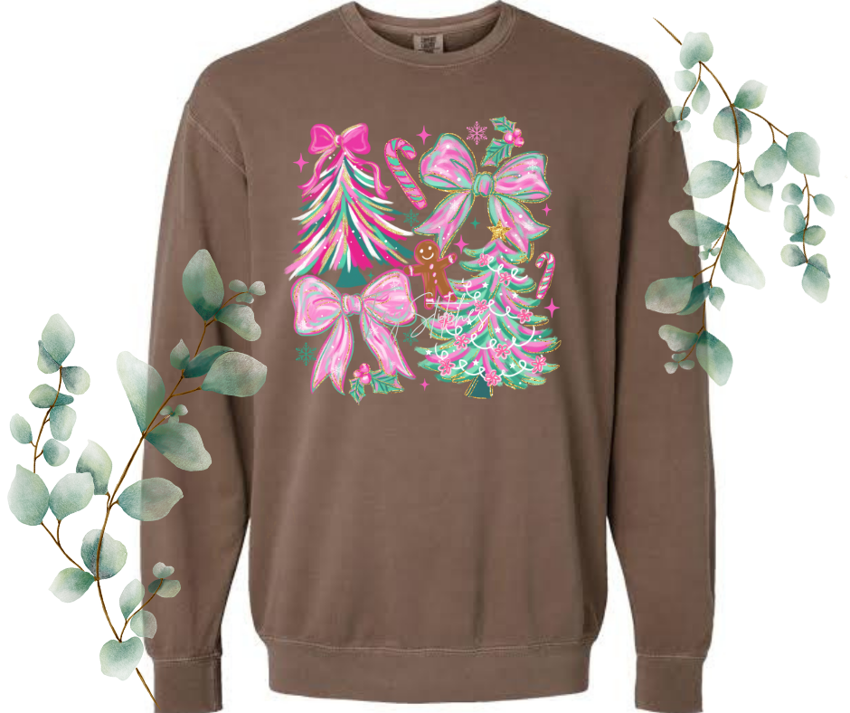 Pink & Green Holiday Brush Stroke Comfort Colors Crew